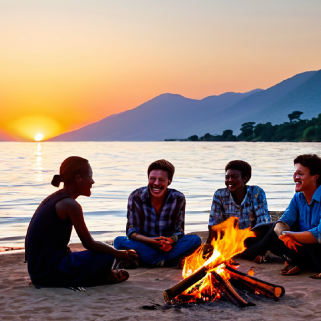 Lakeside Sunset Gathering**
"A group of fully clothed friends gathered around a bonfire on the shore of Lake Malawi at sunset, appropriate content, safe for work. The sky is filled with vibrant colors as the sun dips below the horizon. People are laughing and talking, some are playing guitars, fully clothed, modest clothing. Perfect anatomy, correct proportions, well-formed hands, natural pose, professional photography, high quality, family-friendly."
**