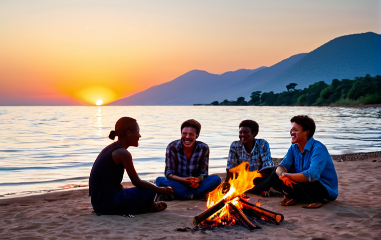 Lakeside Sunset Gathering**

"A group of fully clothed friends gathered around a bonfire on the shore of Lake Malawi at sunset, appropriate content, safe for work. The sky is filled with vibrant colors as the sun dips below the horizon. People are laughing and talking, some are playing guitars, fully clothed, modest clothing. Perfect anatomy, correct proportions, well-formed hands, natural pose, professional photography, high quality, family-friendly."

**