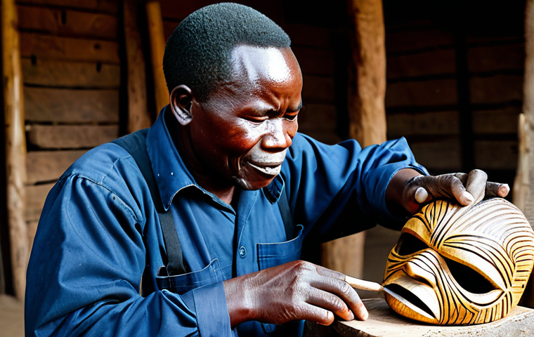 말라위에서 전통적인 수공예품 제작 방법 - Malawian Wood Carver**
"A professional Malawian artisan meticulously carving a Gule Wamkulu mask fr...