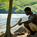 말라위에서 가장 오래된 마을 및 유적 - **Prompt 1: Stone Age Craftsman by the River**
"A young Malawian man, with a focused expression,...
