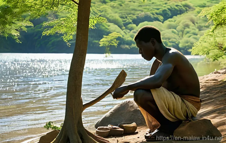 말라위에서 가장 오래된 마을 및 유적 - **Prompt 1: Stone Age Craftsman by the River**
"A young Malawian man, with a focused expression,...