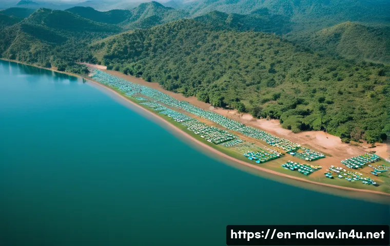 말라위의 국경 분쟁 - A detailed aerial view of Lake Malawi&rsquo;s disputed border area at sunset, showing fishing boats on cal...