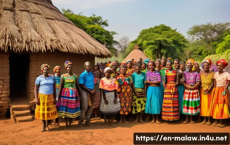 말라위에서 촬영한 다큐멘터리 및 영화 - A vibrant scene of a traditional Malawian village ceremony at sunset, featuring men and women dresse...
