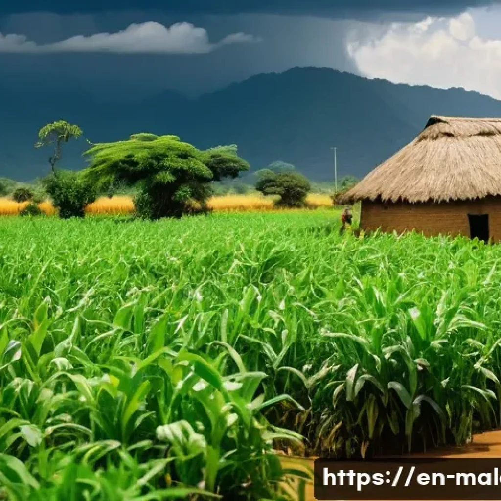 말라위의 우기와 건기 차이 - A vibrant rural Malawian landscape during the wet season, showcasing lush green fields filled with t...