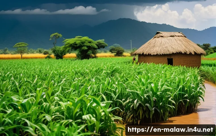말라위의 우기와 건기 차이 - A vibrant rural Malawian landscape during the wet season, showcasing lush green fields filled with t...