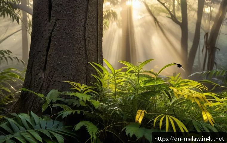말라위에서 볼 수 있는 희귀 새들 - A detailed, vibrant scene of Malawi’s Miombo woodlands at dawn, featuring tall Brachystegia trees wi...