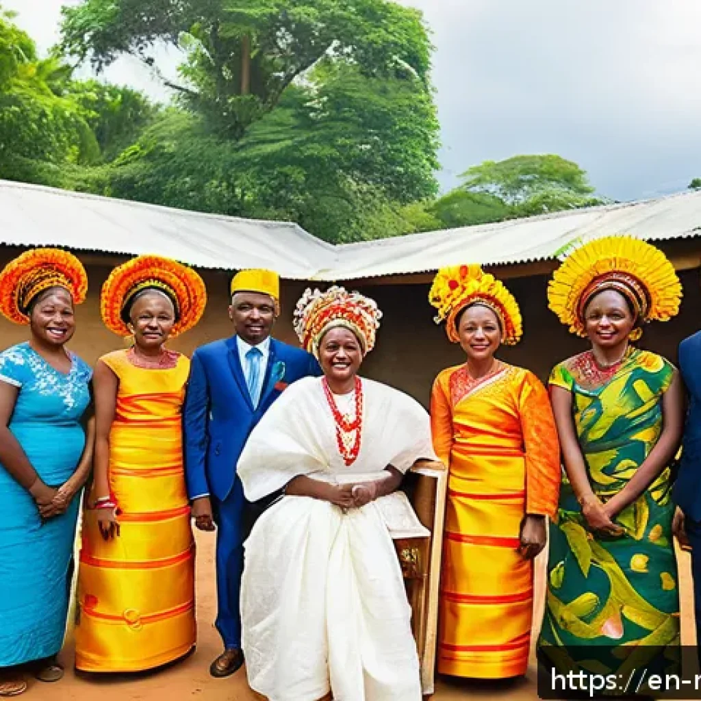 말라위에서의 결혼식 전통 및 절차 - A vibrant Malawian wedding scene showcasing a bride and groom dressed in traditional attire: the bri...