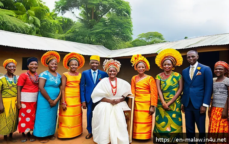 말라위에서의 결혼식 전통 및 절차 - A vibrant Malawian wedding scene showcasing a bride and groom dressed in traditional attire: the bri...