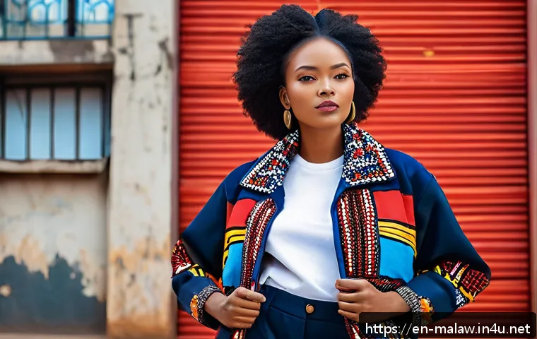 말라위에서 인기 있는 패션 스타일 - A stylish Malawian woman confidently modeling a fusion outfit that blends traditional chitenje fabri...