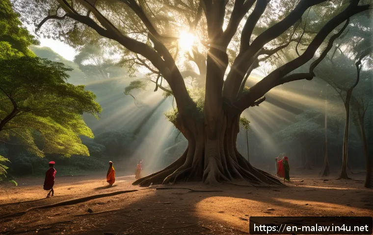 말라위에서 유령 이야기 및 미신 - A mystical Malawian ancestral forest at dusk, dense with towering ancient trees whose leaves softly ...