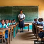 말라위 내 봉사활동 기회 - A vibrant classroom scene in a rural Malawian school, featuring a diverse group of children aged 8-1...