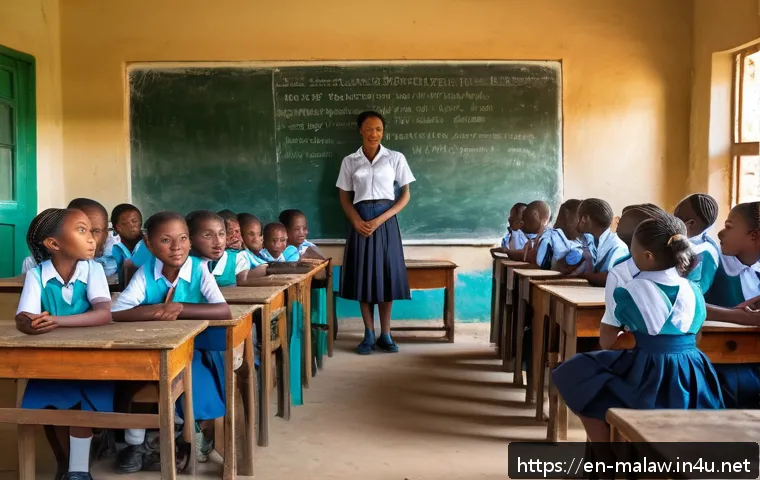 말라위 내 봉사활동 기회 - A vibrant classroom scene in a rural Malawian school, featuring a diverse group of children aged 8-1...