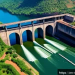 말라위에서의 수력 발전과 전기 공급 문제 - A detailed aerial view of an aging hydropower dam in Malawi surrounded by lush green hills and a wid...