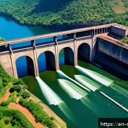 말라위에서의 수력 발전과 전기 공급 문제 - A detailed aerial view of an aging hydropower dam in Malawi surrounded by lush green hills and a wid...