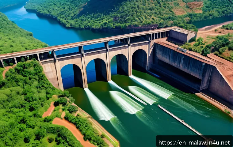말라위에서의 수력 발전과 전기 공급 문제 - A detailed aerial view of an aging hydropower dam in Malawi surrounded by lush green hills and a wid...