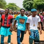 말라위에서의 대중문화 트렌드 - A vibrant street scene in Malawi showcasing young musicians performing a fusion of traditional Malaw...