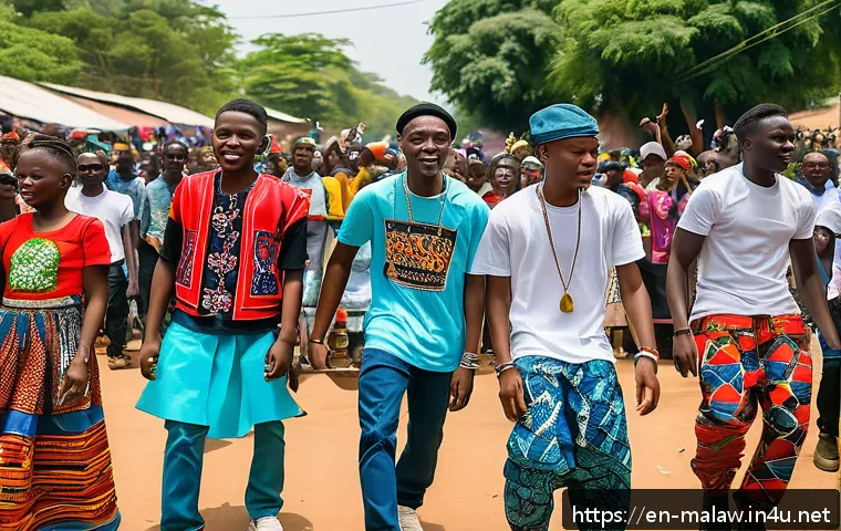 말라위에서의 대중문화 트렌드 - A vibrant street scene in Malawi showcasing young musicians performing a fusion of traditional Malaw...