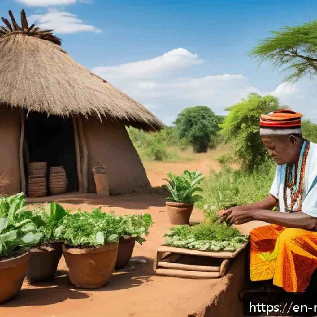 말라위의 전통 의료와 현대 의학 비교 - A warm, vibrant rural Malawian village scene featuring a traditional healer&mdash;a middle-aged man wearin...