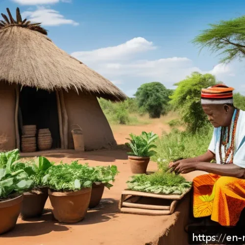 말라위의 전통 의료와 현대 의학 비교 - A warm, vibrant rural Malawian village scene featuring a traditional healer&mdash;a middle-aged man wearin...