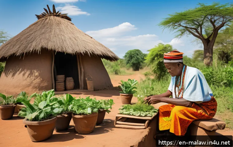 말라위의 전통 의료와 현대 의학 비교 - A warm, vibrant rural Malawian village scene featuring a traditional healer&mdash;a middle-aged man wearin...