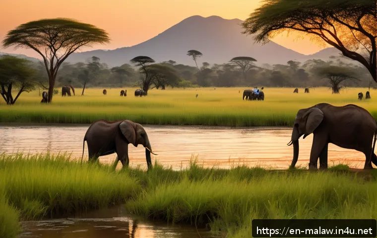 말라위 여행자 보험 필요성 - A serene safari scene in Malawi&rsquo;s Liwonde National Park at golden hour, featuring a small group of t...