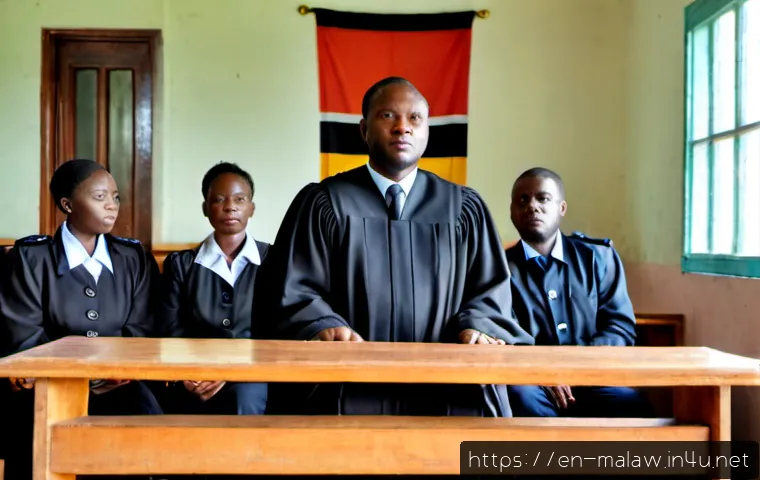말라위의 법과 범죄 유형 - Photorealistic documentary-style scene inside a Malawian magistrate courtroom in Lilongwe, a serious...