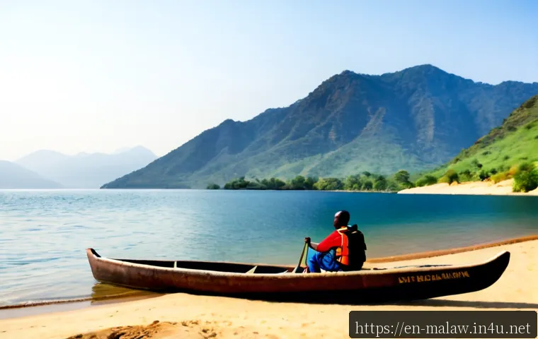 말라위에서 카누 및 보트 여행 - Photorealistic travel scene on Lake Malawi, a wooden canoe carrying two local fishermen in everyday ...