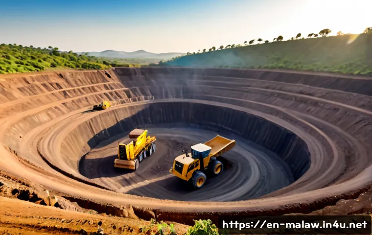 말라위에서 채굴되는 자원과 광업 현황 - Photorealistic wide-angle view of an open-pit graphite mine in Malawi’s rolling green countryside, t...