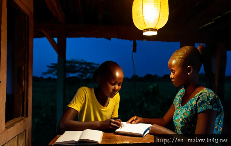 말라위 전력 부족 문제 - Photorealistic evening interior of a modest Malawian family home during a power outage, a mother and...