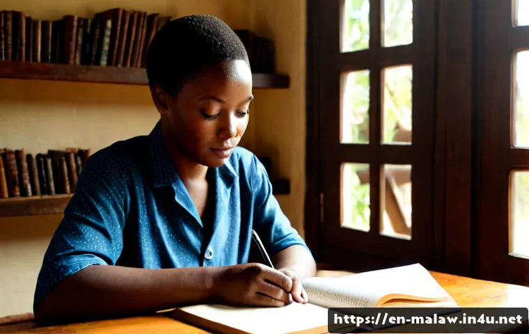 말라위 문학과 작가 - Photorealistic editorial scene of a Malawian novelist working at a wooden desk beside a bright windo...